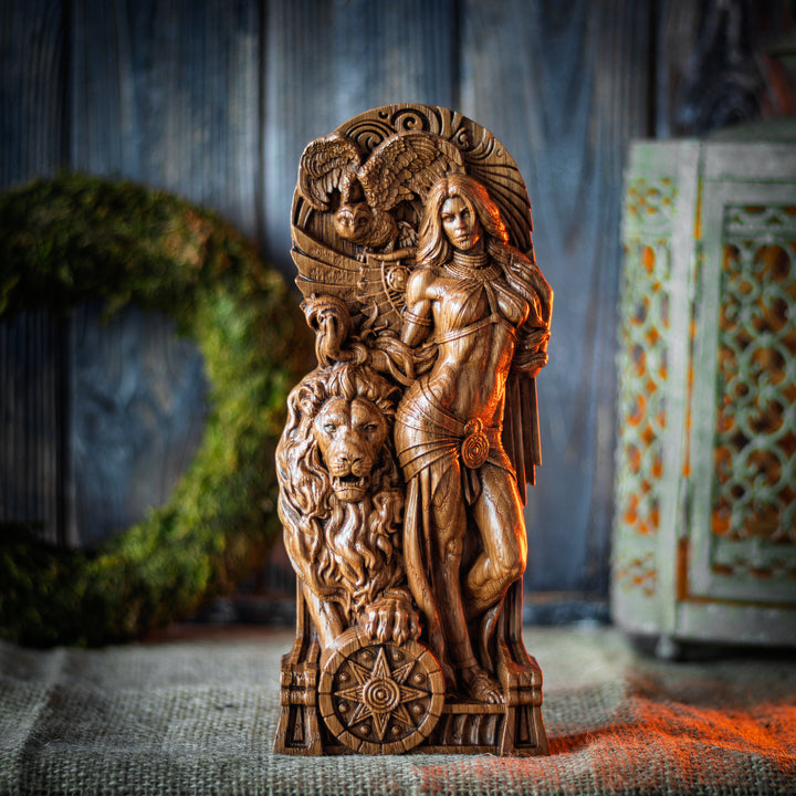 Handmade oak statue of Ishtar with lion and star symbol – Mesopotamian goddess sculpture for altar or pagan decor