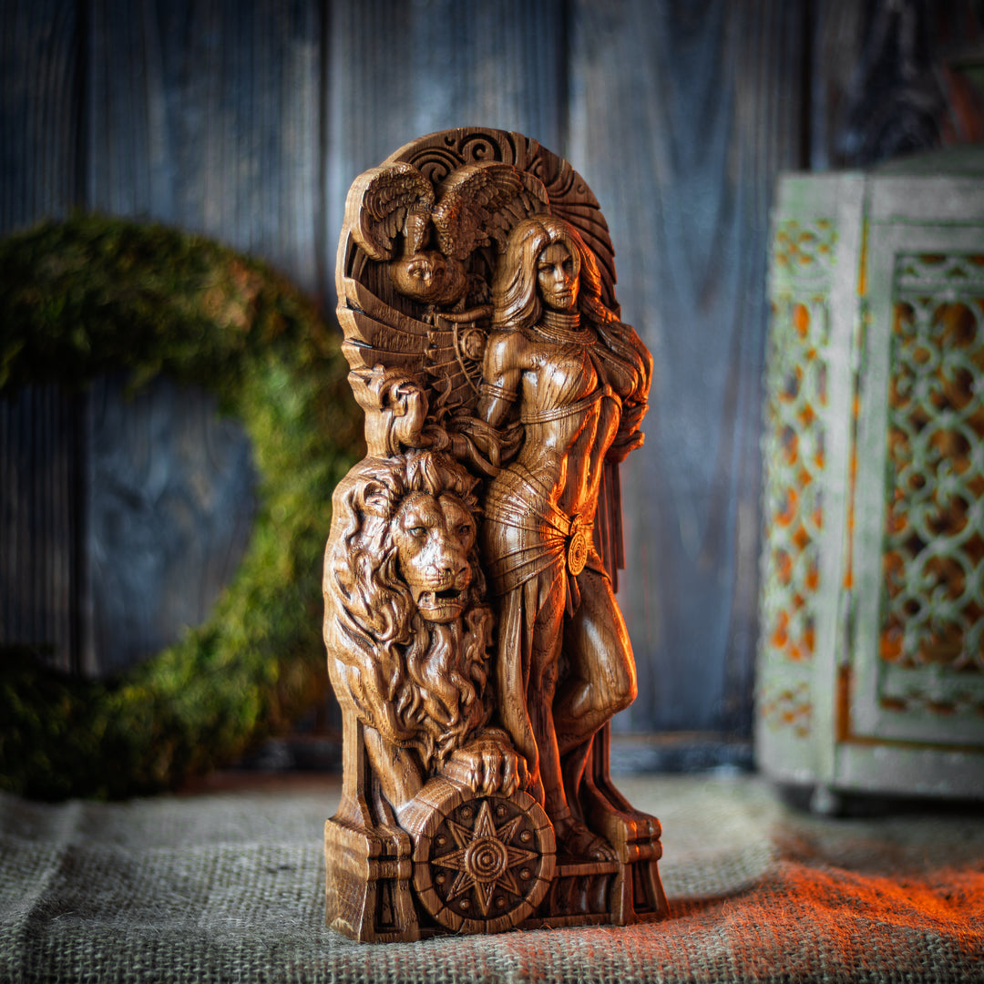 Side view of Ishtar oak statue with detailed lion carving and sun symbol – Sumerian deity figure for spiritual altars