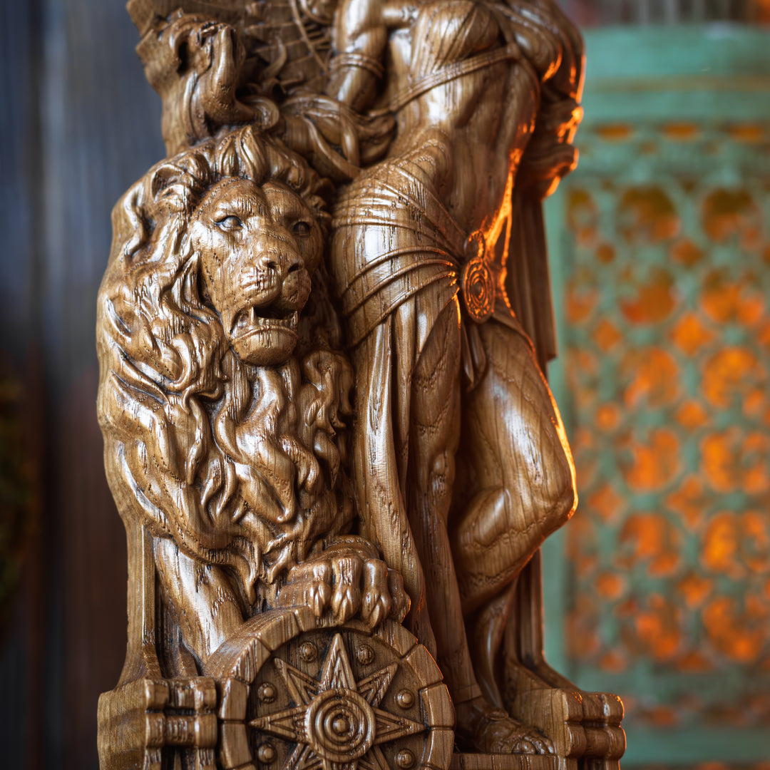 Close-up on lion and lower body of Ishtar statue – hand-carved details in oak wood with ancient symbolism