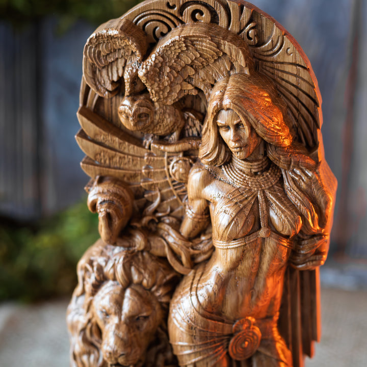 Focused view on lion’s head and Ishtar’s midsection – oak woodwork with pagan goddess and guardian lion symbolism