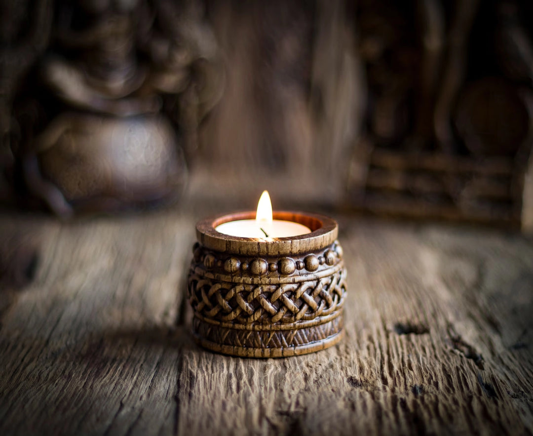 Candle holder with Norse ornaments from oak "barrel"