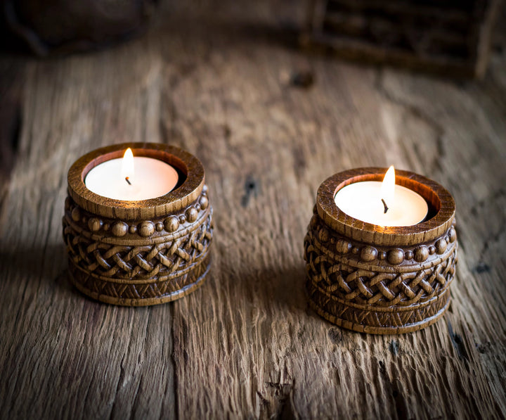 Candle holder with Norse ornaments from oak "barrel"