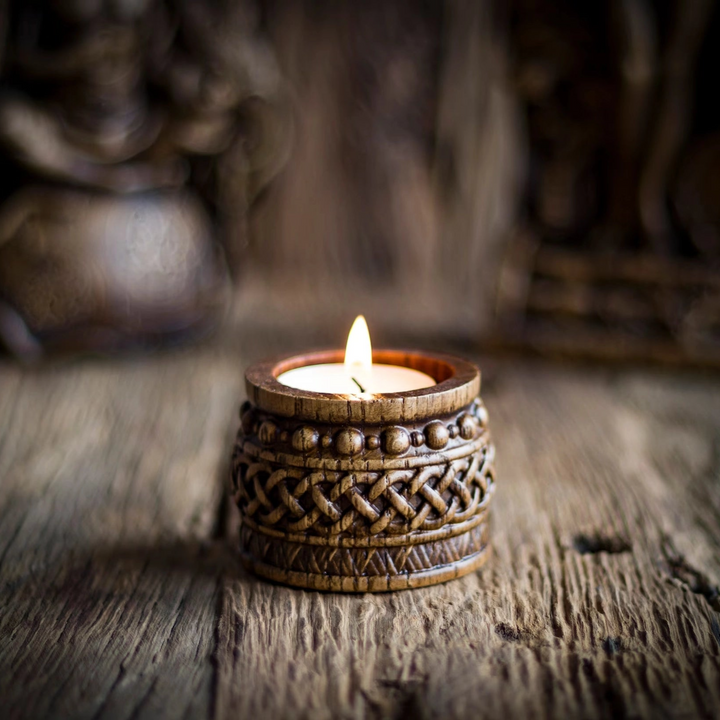 Candle holder with Norse ornaments from oak "barrel"