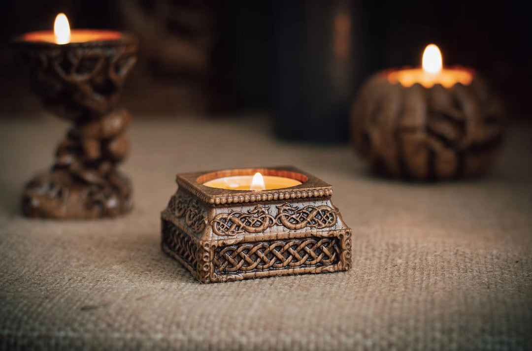Candle holder with Norse ornaments from oak "square"