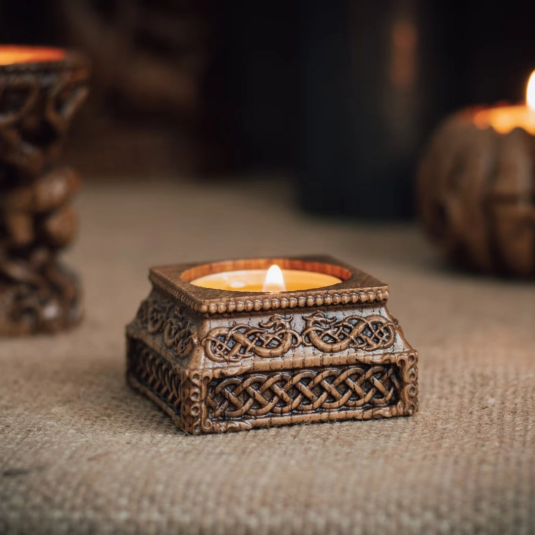 Candle holder with Norse ornaments from oak "square"
