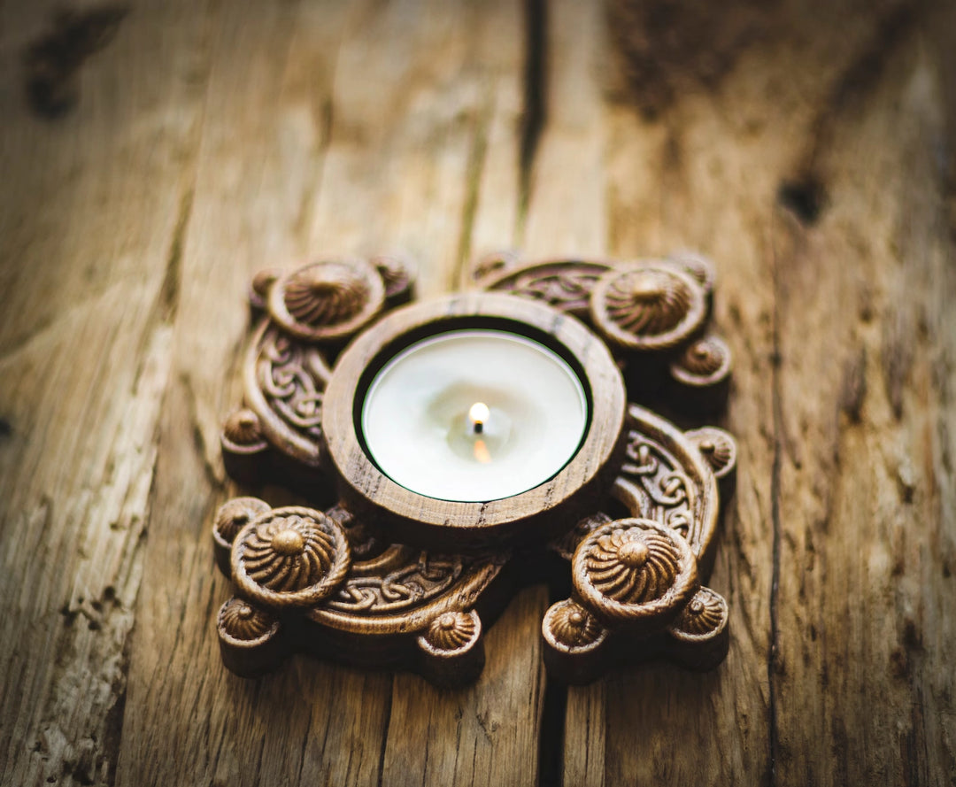 Candle holder with Norse ornaments from oak "Solar"
