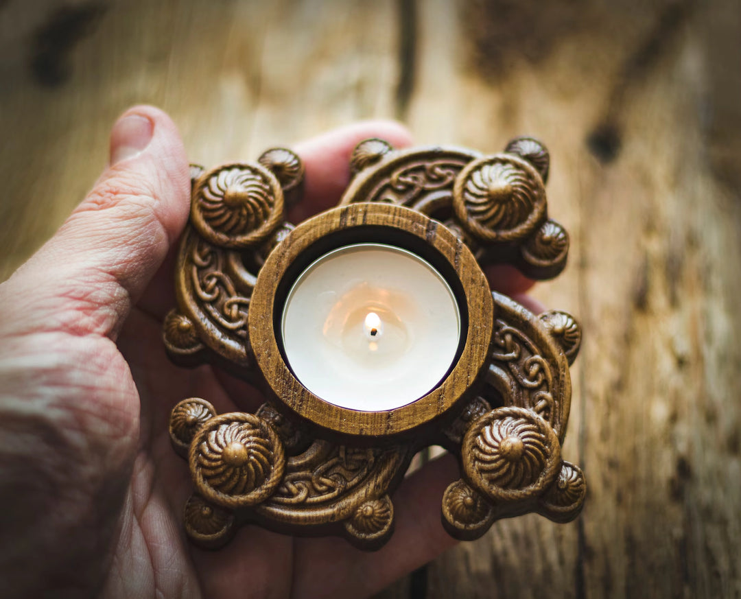 Candle holder with Norse ornaments from oak "Solar"