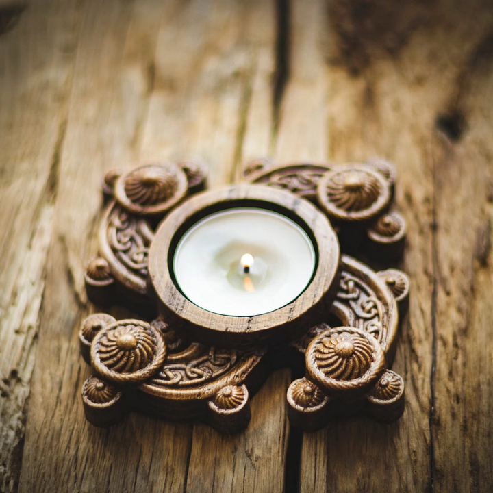Candle holder with Norse ornaments from oak "Solar"